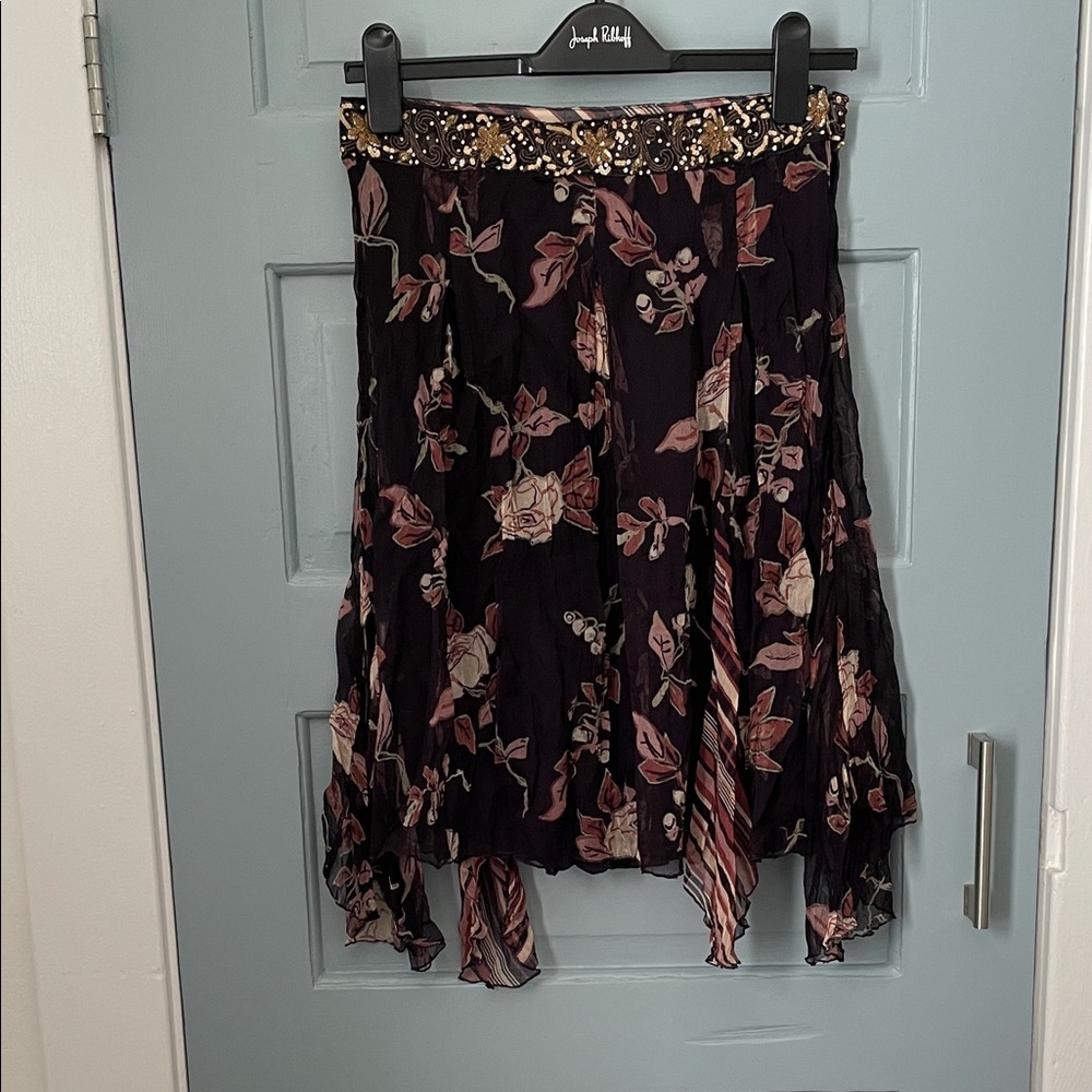 STEFANEL Brown Floral Asymmetrical Silk Skirt